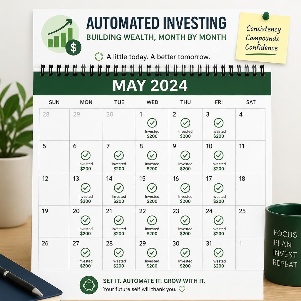 Calendario con aportaciones mensuales de inversión automatizadas marcadas con check, hábito de ahorro recurrente